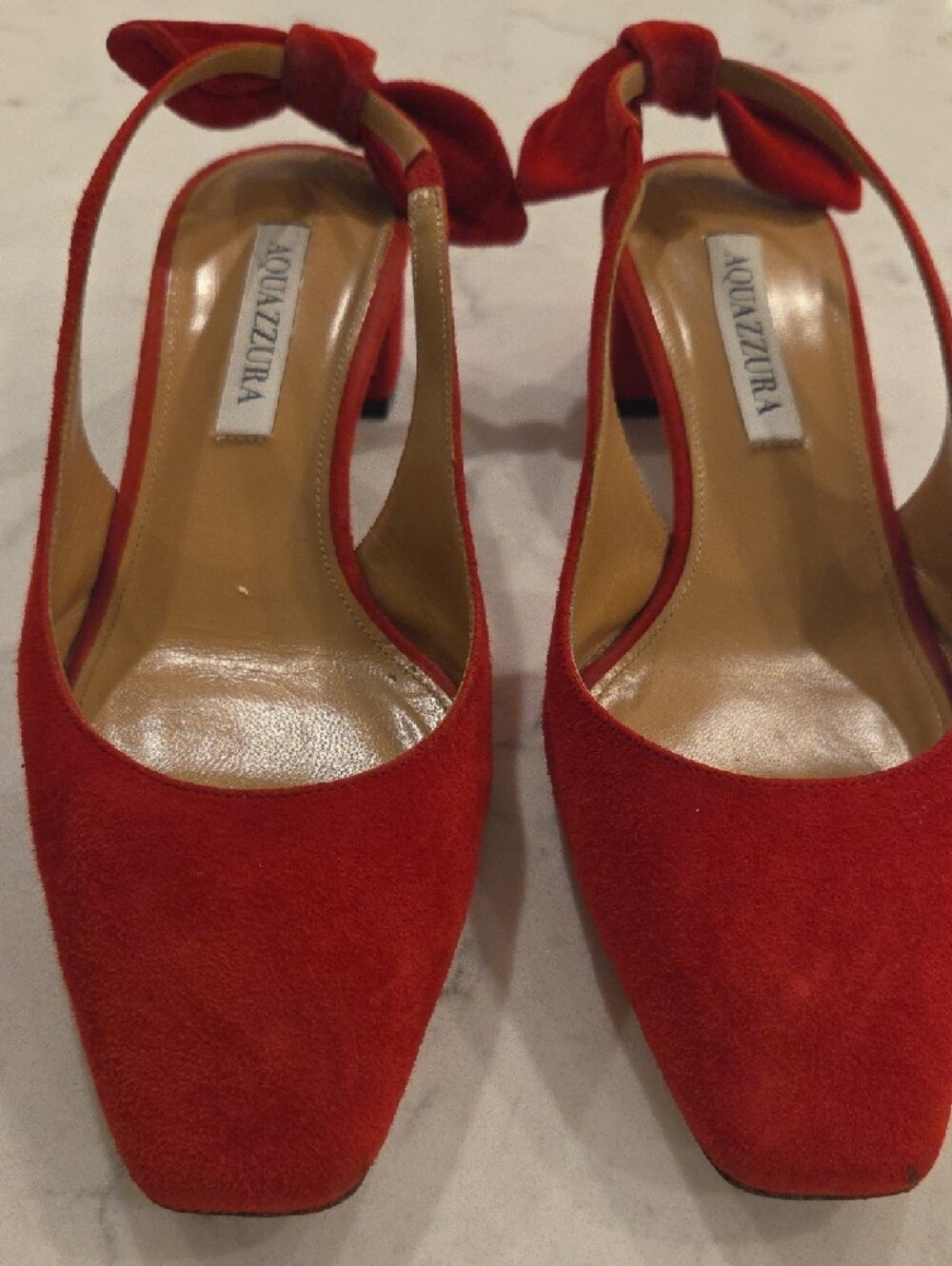 Aquazzura Red Suede Bow Slingback Pumps - Picture 2 of 6